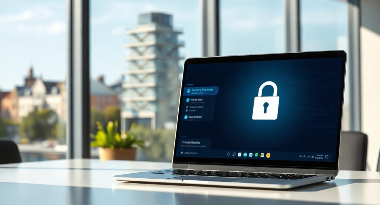 Digital wallet and padlock on laptop in Dublin office, representing crypto AML verification