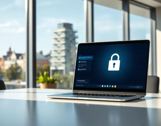 Digital wallet and padlock on laptop in Dublin office, representing crypto AML verification