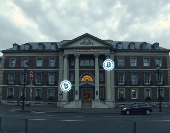 Exterior of the Irish Department of Finance building in Dublin under cloudy skies
