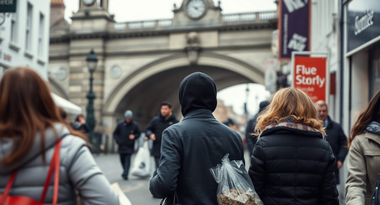 Shoppers on a Dublin street with the Ha'penny Bridge in the background, reflecting steady consumer prices in Ireland.