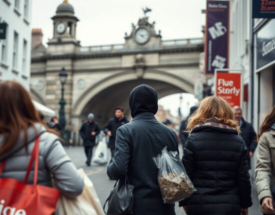 Shoppers on a Dublin street with the Ha'penny Bridge in the background, reflecting steady consumer prices in Ireland.
