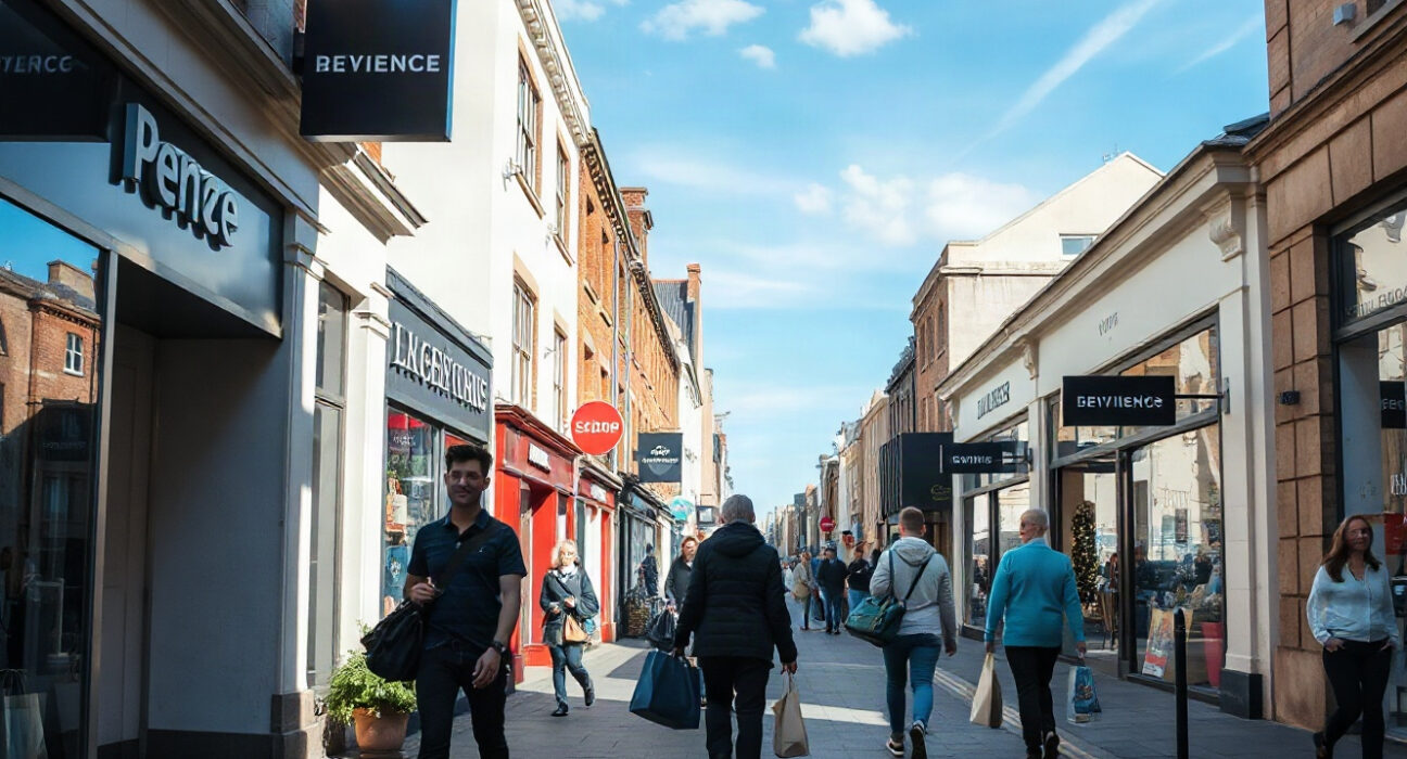 Shoppers on a busy Dublin street, reflecting increased retail activity in Ireland.