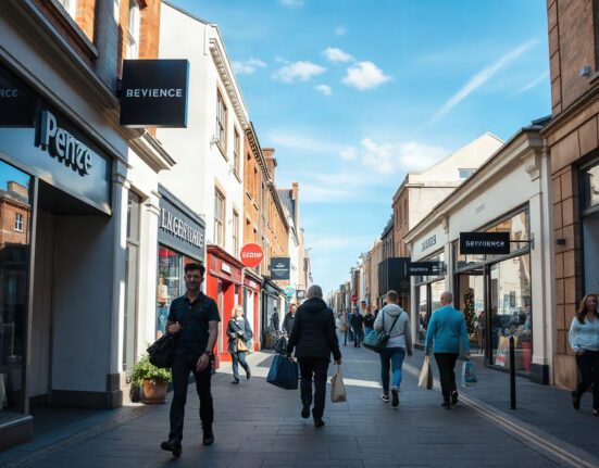Shoppers on a busy Dublin street, reflecting increased retail activity in Ireland.
