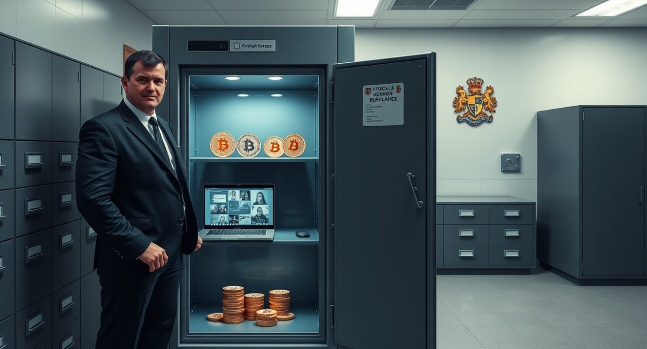 Irish law enforcement officer standing next to a secure evidence locker containing Bitcoin tokens and a laptop, representing a cryptocurrency seizure.
