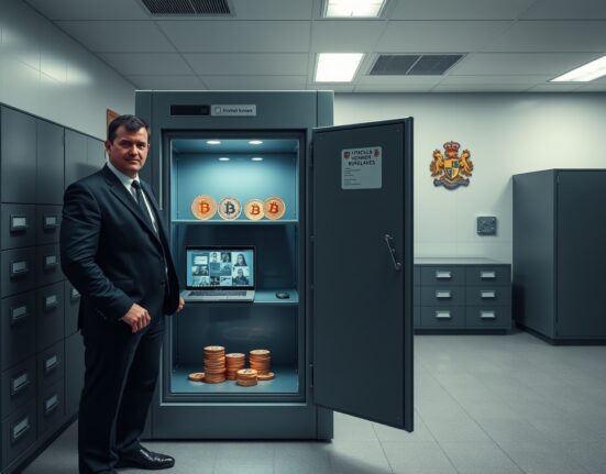 Irish law enforcement officer standing next to a secure evidence locker containing Bitcoin tokens and a laptop, representing a cryptocurrency seizure.