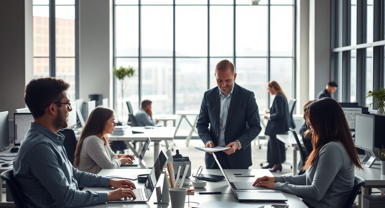 Professionals working in a modern Dublin office, representing Ireland's expanding services sector.