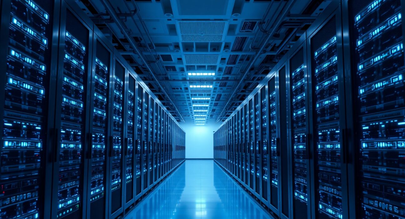 Interior of a modern AI data center with rows of GPU servers and blue LED lighting.