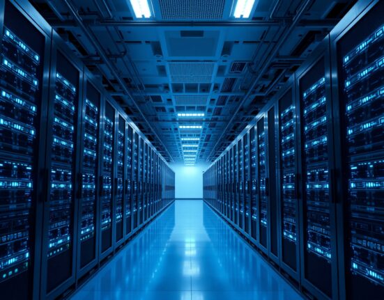 Interior of a modern AI data center with rows of GPU servers and blue LED lighting.