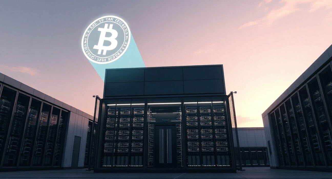Exterior of a modern data center with a Bitcoin symbol integrated into the sky, representing IREN's dual focus on Bitcoin mining and AI infrastructure.