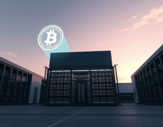 Exterior of a modern data center with a Bitcoin symbol integrated into the sky, representing IREN's dual focus on Bitcoin mining and AI infrastructure.