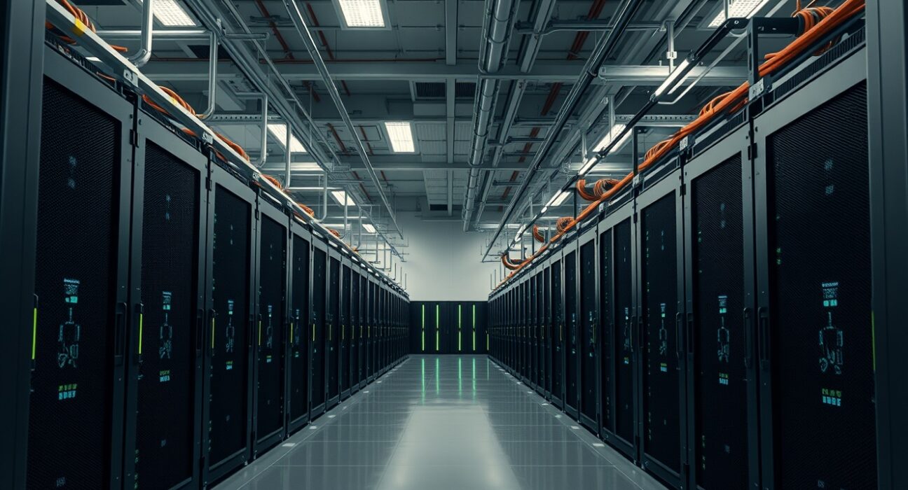 Interior of a Bitcoin mining data center with rows of servers and LED lighting.