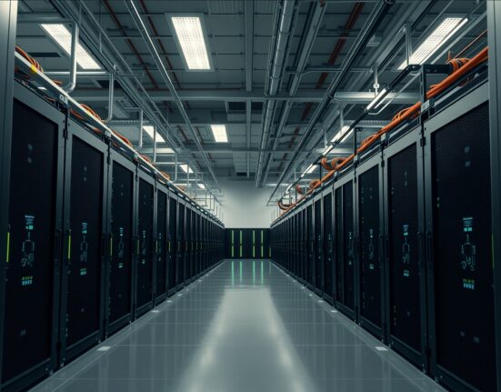 Interior of a Bitcoin mining data center with rows of servers and LED lighting.