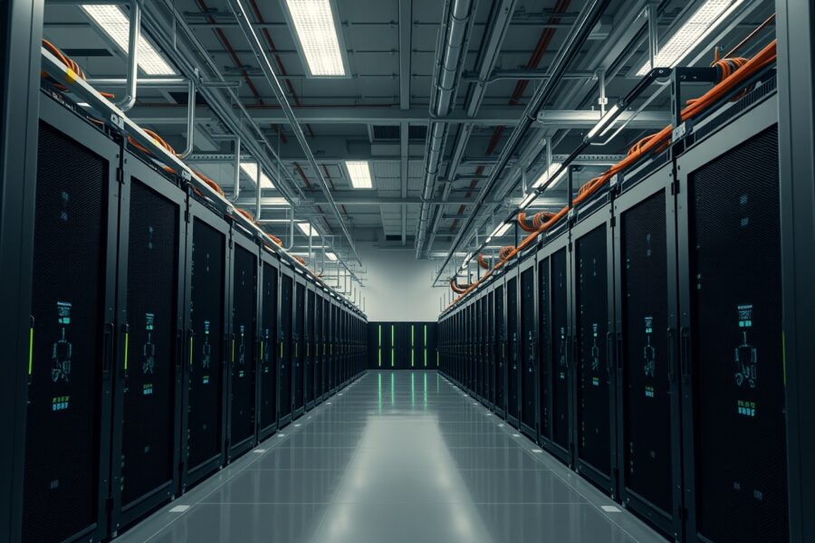 Interior of a Bitcoin mining data center with rows of servers and LED lighting.