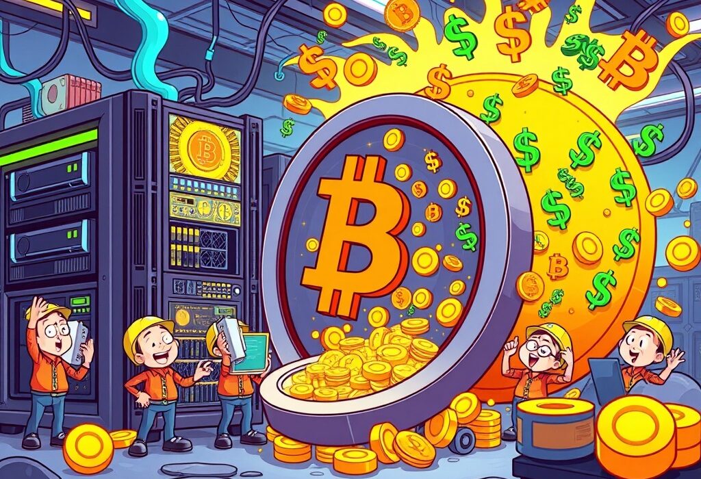 A cartoon illustration depicting the remarkable Iren Limited profit from Q2 Bitcoin mining, showing financial success.