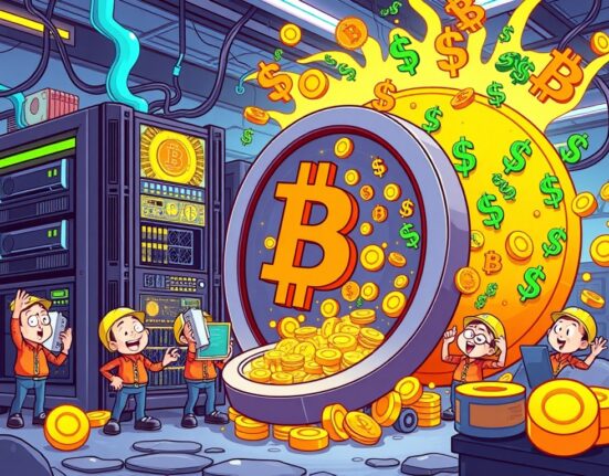A cartoon illustration depicting the remarkable Iren Limited profit from Q2 Bitcoin mining, showing financial success.