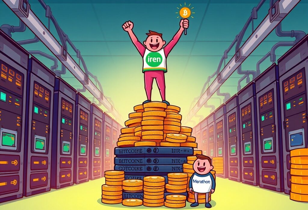 Cartoon illustration showing a leading Bitcoin mining operation, symbolizing Iren's rise above competitors in the crypto mining industry.