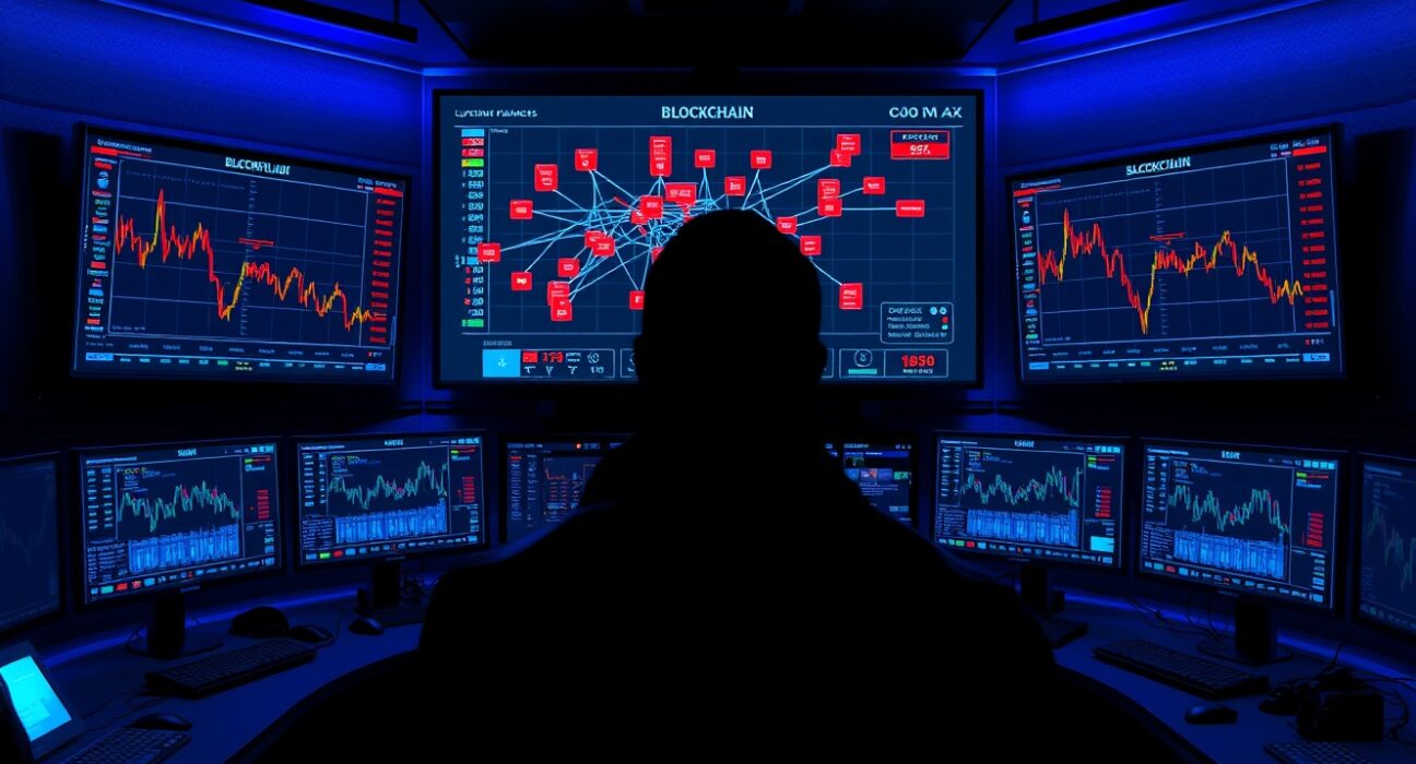 Analyst monitoring blockchain transaction maps and flagged crypto wallets in a dimly lit command center