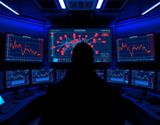 Analyst monitoring blockchain transaction maps and flagged crypto wallets in a dimly lit command center
