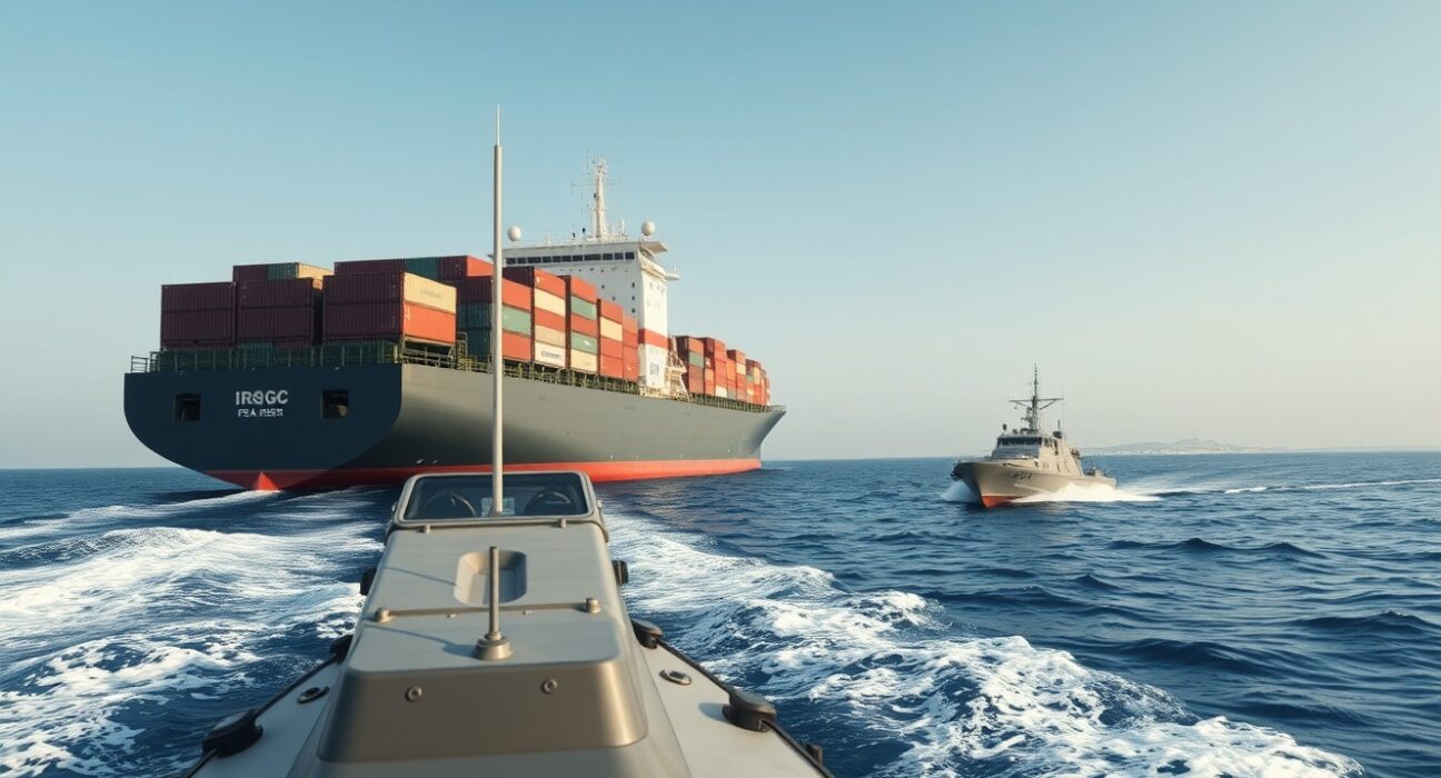 IRGC fast-attack craft approaches a container ship in Omani waters, highlighting maritime security threats.
