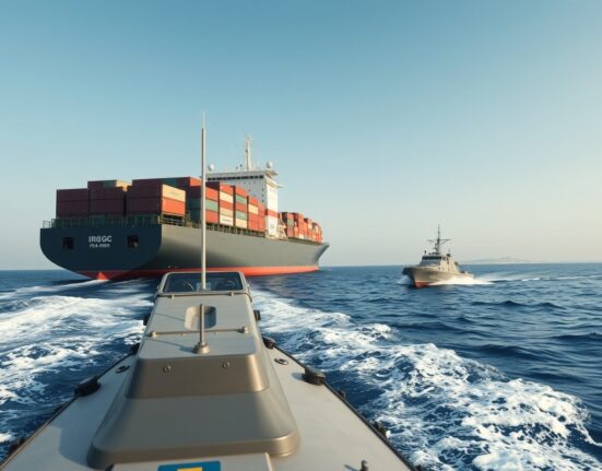 IRGC fast-attack craft approaches a container ship in Omani waters, highlighting maritime security threats.