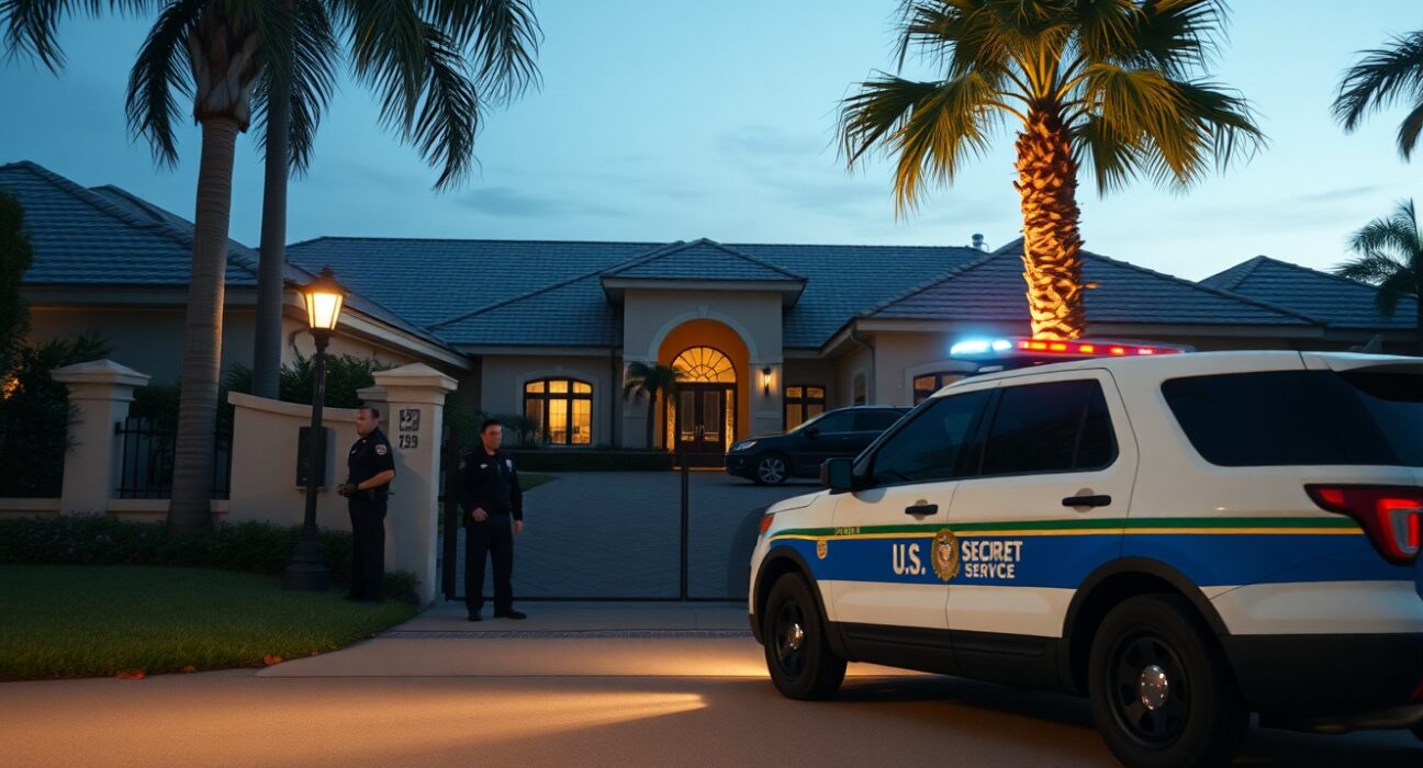Law enforcement and Secret Service vehicles outside a secure Florida residence at dusk