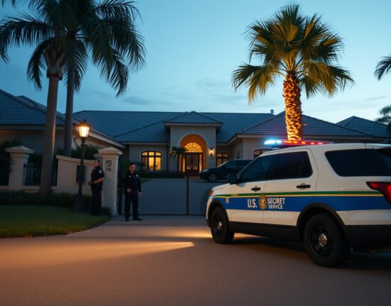Law enforcement and Secret Service vehicles outside a secure Florida residence at dusk