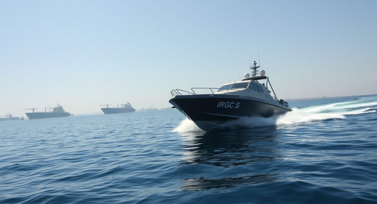 IRGC speedboat patrols the Strait of Hormuz amid US blockade tensions.