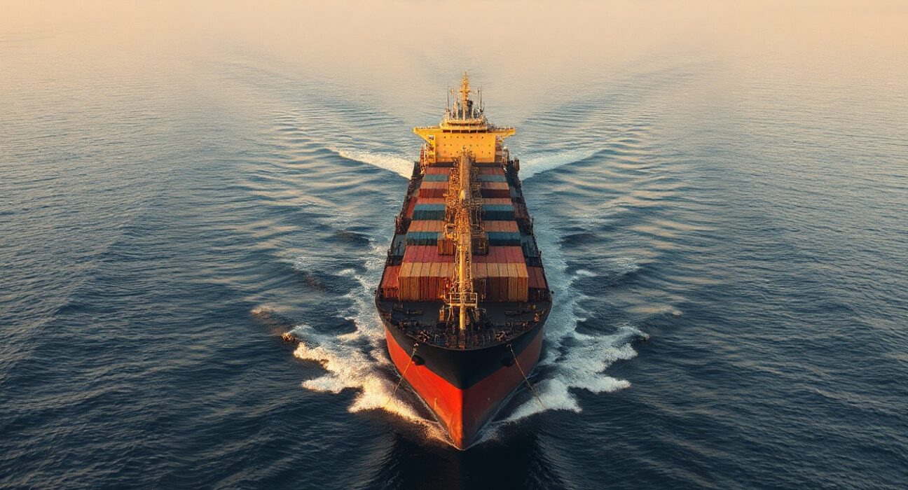 Cargo ship navigating the Strait of Hormuz near Iranian coastline