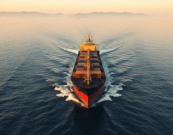 Cargo ship navigating the Strait of Hormuz near Iranian coastline