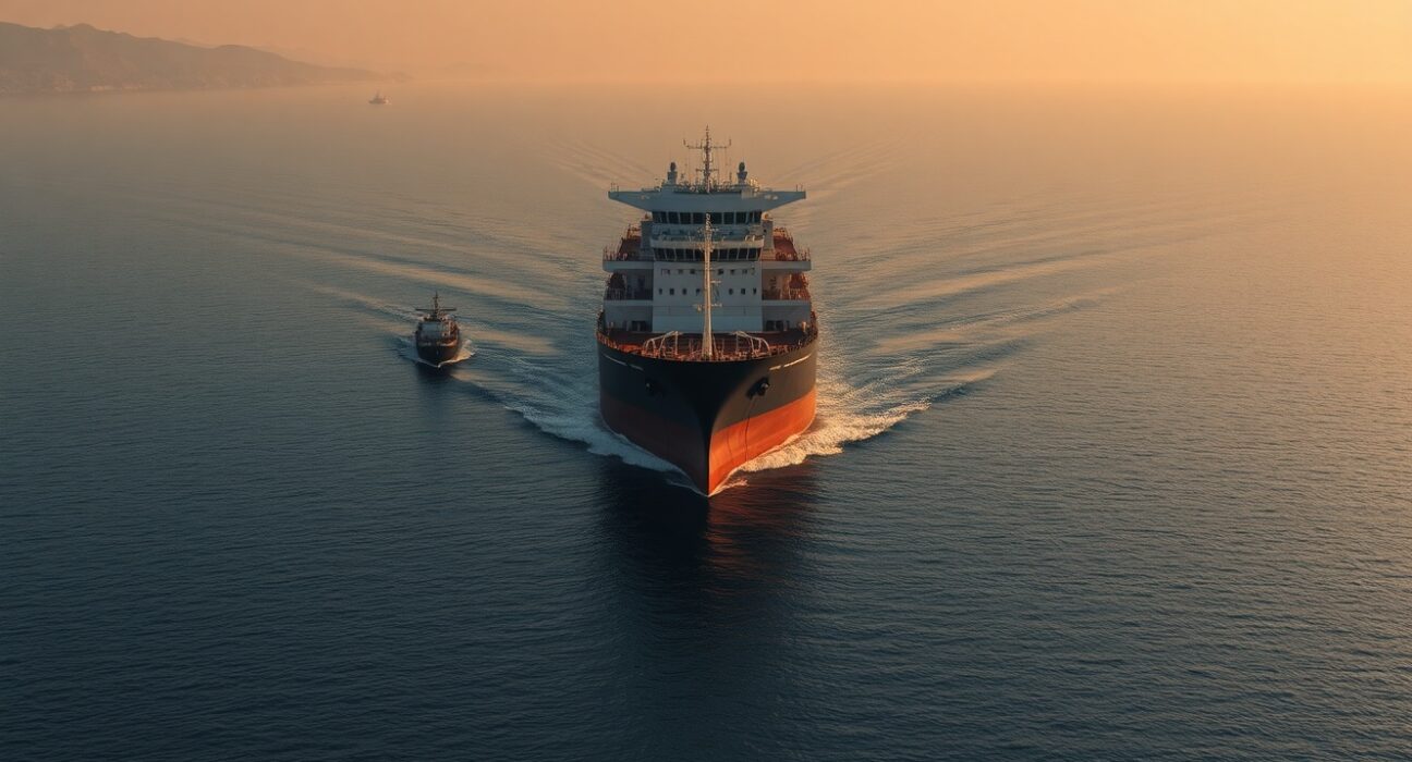 Oil tanker in the Strait of Hormuz with Iranian coastline in background