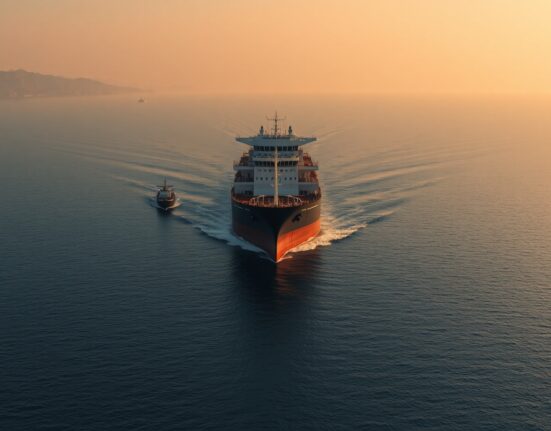 Oil tanker in the Strait of Hormuz with Iranian coastline in background