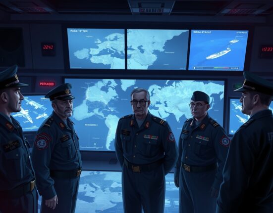 IRGC officers analyze a digital tactical map of US military assets in the Middle East, reflecting the warning of obliteration.