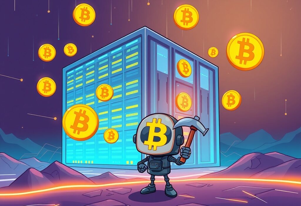 A cartoon illustration of a Bitcoin mining facility, symbolizing the significant Iris Energy BTC mining operations.