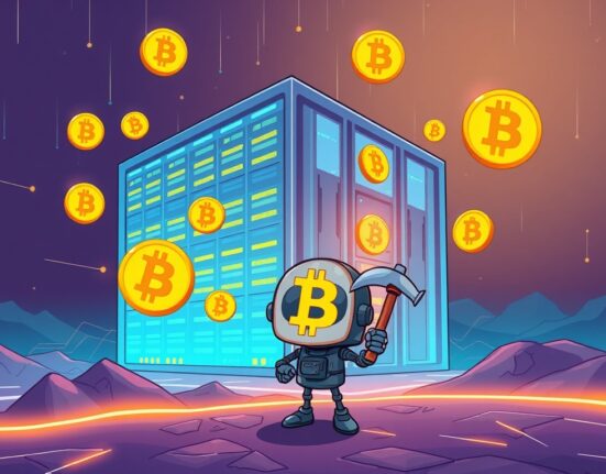 A cartoon illustration of a Bitcoin mining facility, symbolizing the significant Iris Energy BTC mining operations.