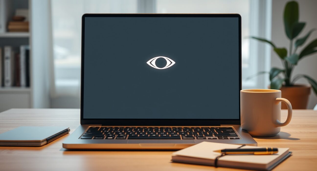 A laptop on a desk displaying a glowing AI interface icon in a modern home office setting