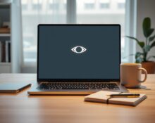 A laptop on a desk displaying a glowing AI interface icon in a modern home office setting