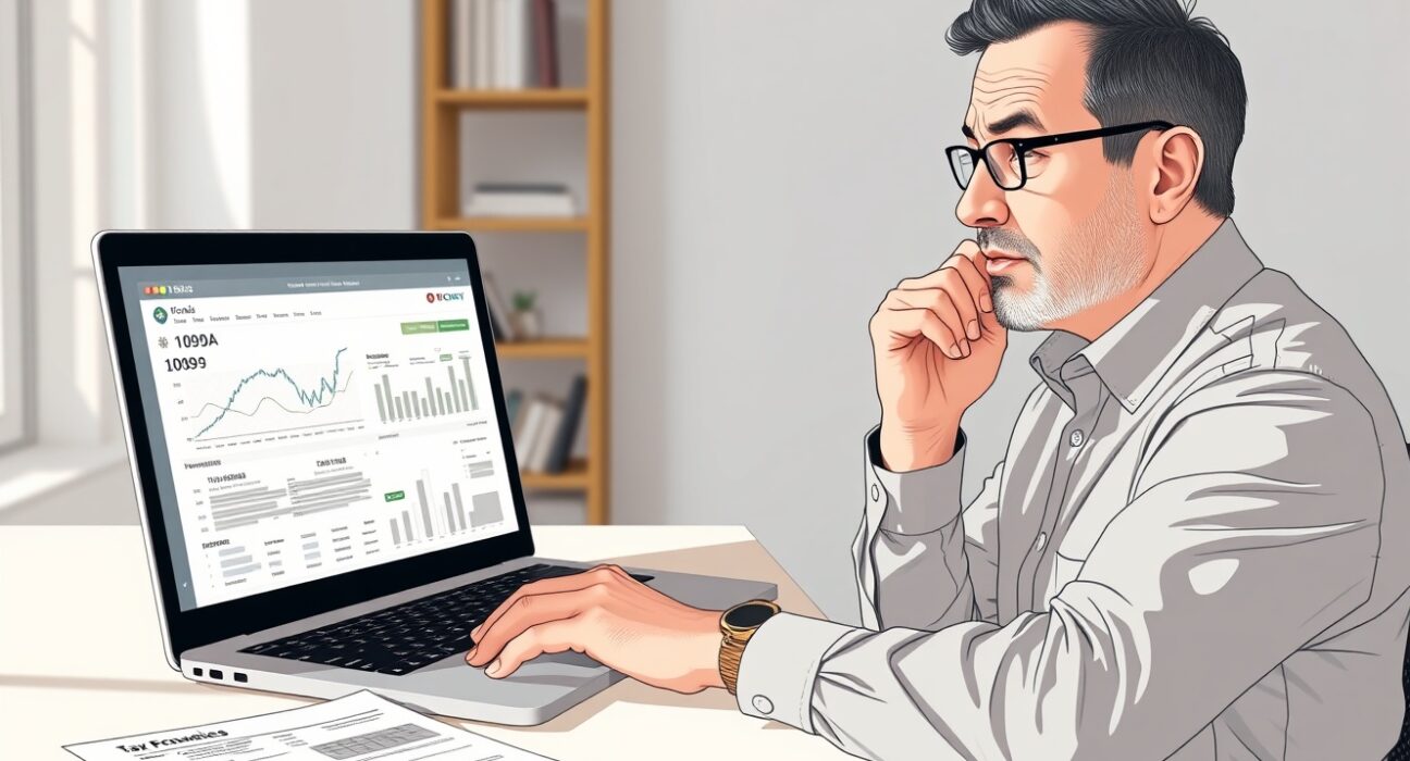 Tax professional analyzing IRS crypto rules and 1099-DA form for 2025 tax filings on a laptop.