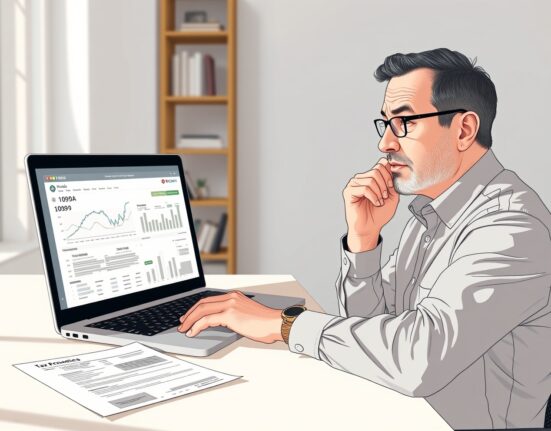 Tax professional analyzing IRS crypto rules and 1099-DA form for 2025 tax filings on a laptop.
