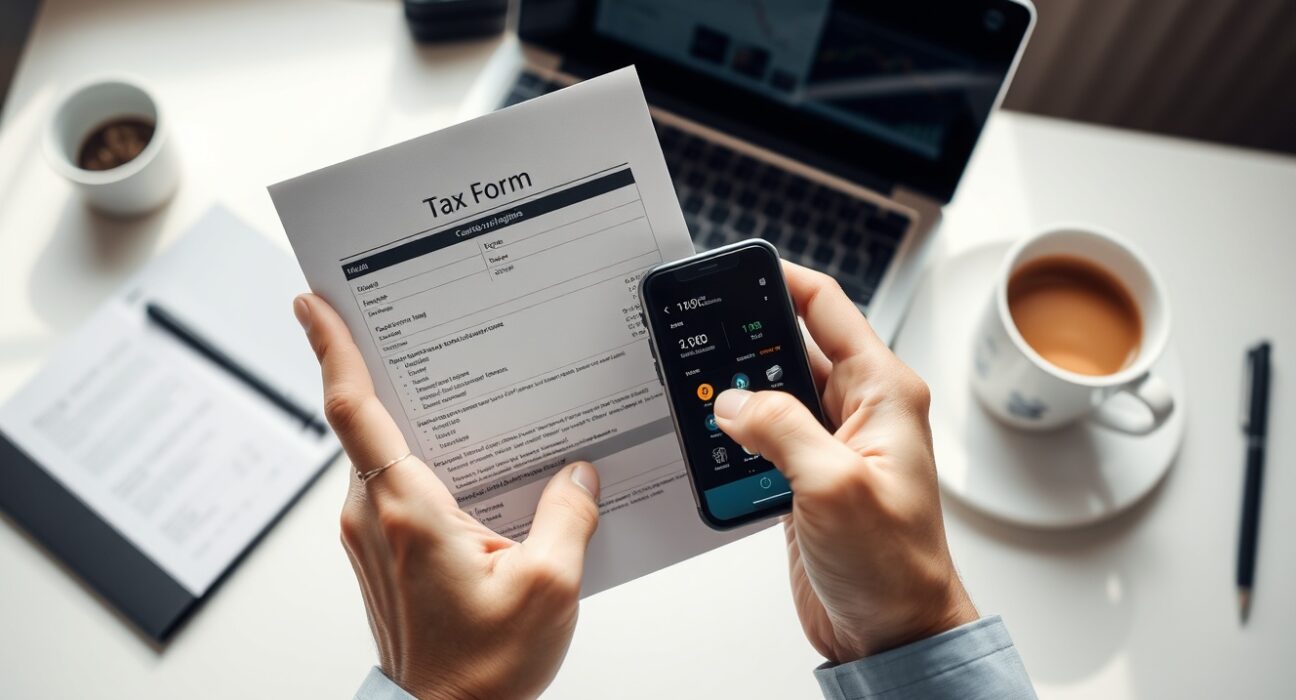 Hands holding a tax form and smartphone with a crypto trading app on a desk