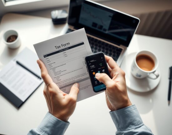 Hands holding a tax form and smartphone with a crypto trading app on a desk