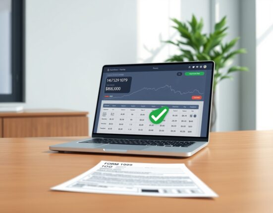 IRS proposal for electronic crypto tax forms on a laptop next to paper documents.