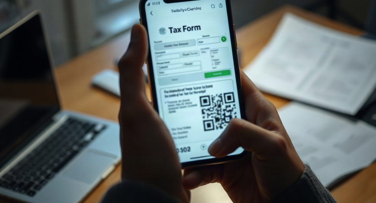 Person holding smartphone with blurred tax form and QR code, representing IRS crypto phishing scam