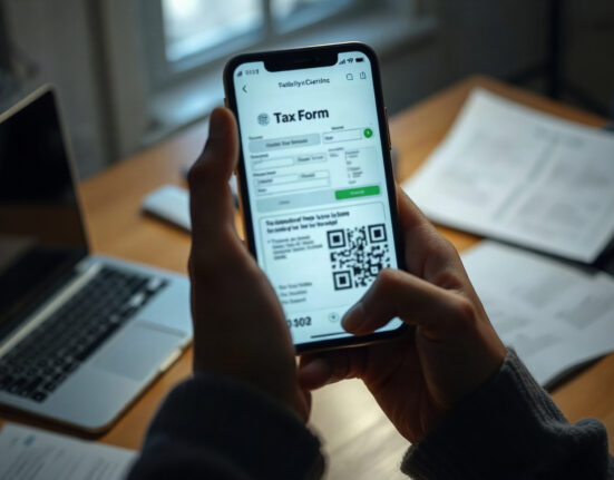 Person holding smartphone with blurred tax form and QR code, representing IRS crypto phishing scam