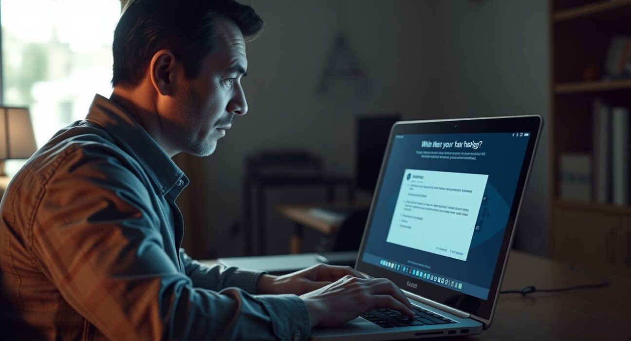 Taxpayer viewing a fraudulent IRS digital asset compliance portal on a laptop