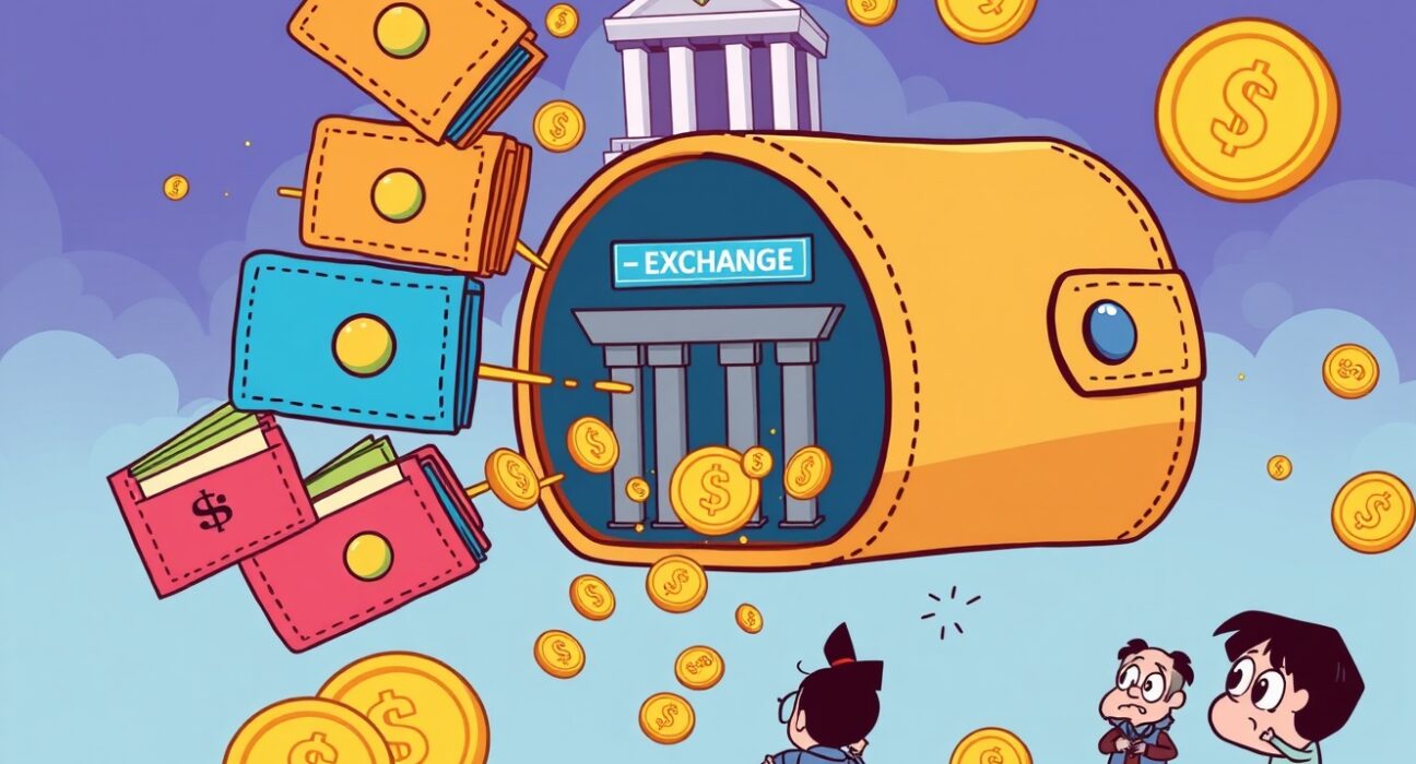 Cartoon illustration showing IRYS airdrop exploitation through multiple wallets funneling tokens