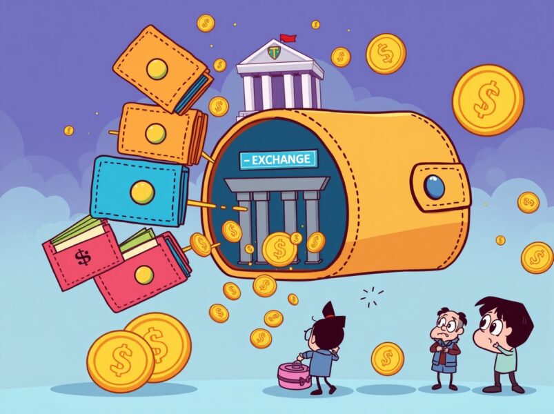 Cartoon illustration showing IRYS airdrop exploitation through multiple wallets funneling tokens