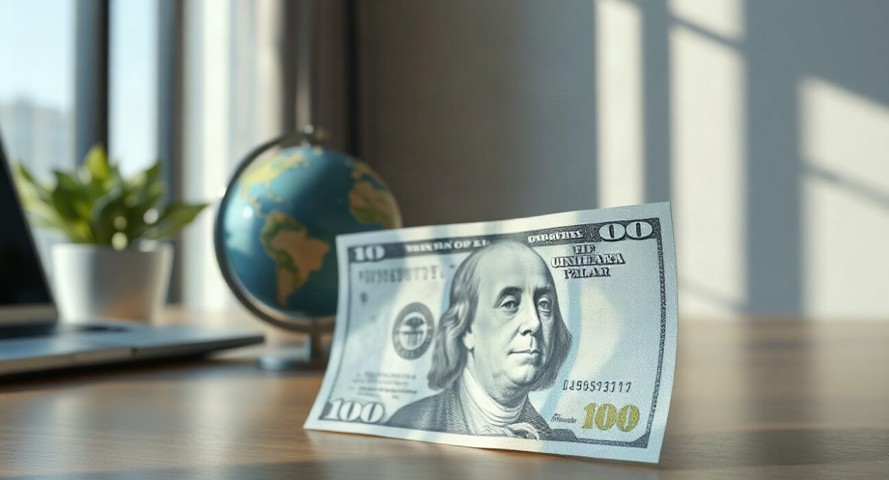 US dollar banknote and globe on a desk, symbolizing global currency markets