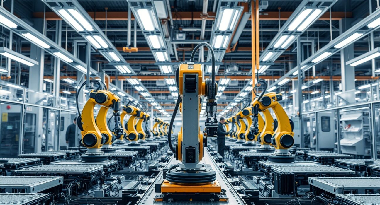 Modern factory floor with robotic arms and workers in protective gear assembling electronic components under bright LED lighting.