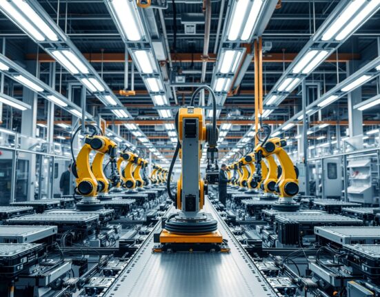Modern factory floor with robotic arms and workers in protective gear assembling electronic components under bright LED lighting.