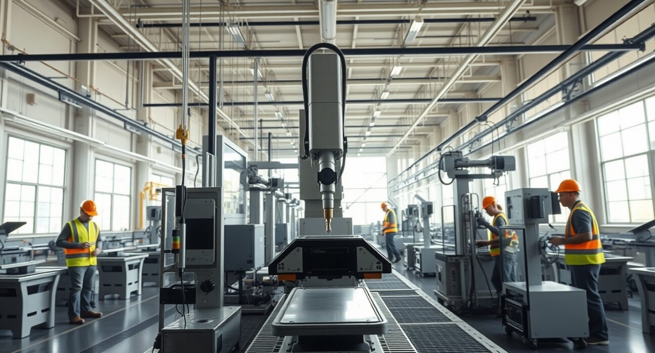 Modern factory floor with automated machinery and workers in safety gear, representing US manufacturing expansion.